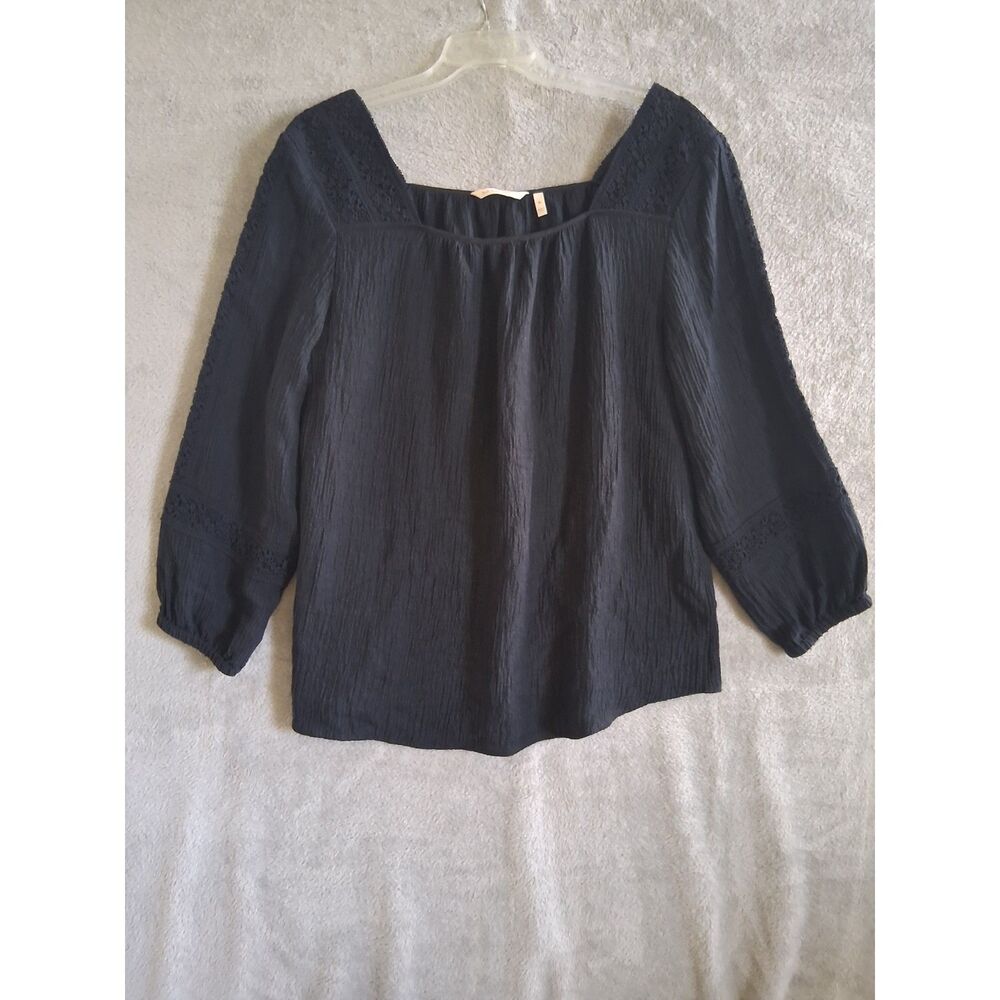 Soft Surroundings Asilah Peasant Top XL Black‎ 3/4 Sleeve Square Neck Ren Faire